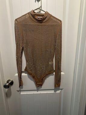 Embellished Long-Sleeve Mock Neck Bodysuit - Brown